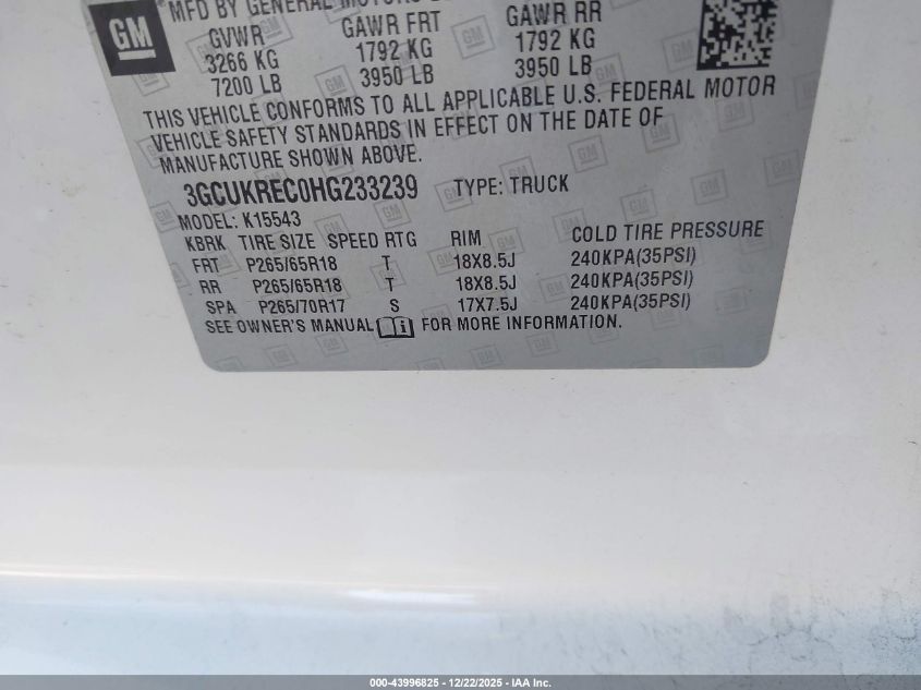 2017 Chevrolet Silverado 1500 2Lt VIN: 3GCUKREC0HG233239 Lot: 43996825