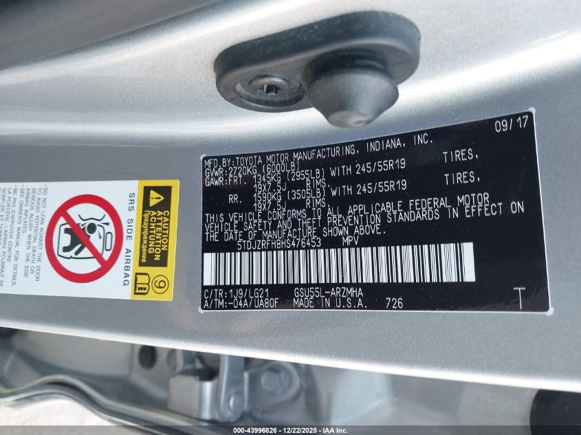 2017 Toyota Highlander Se VIN: 5TDJZRFH8HS476453 Lot: 43996826