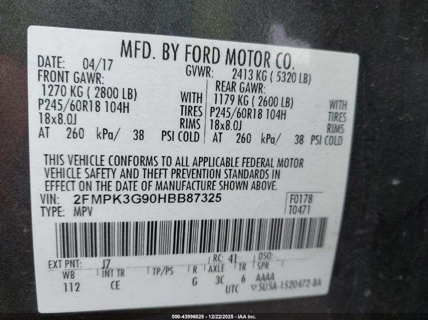 2017 Ford Edge Se VIN: 2FMPK3G90HBB87325 Lot: 43996828