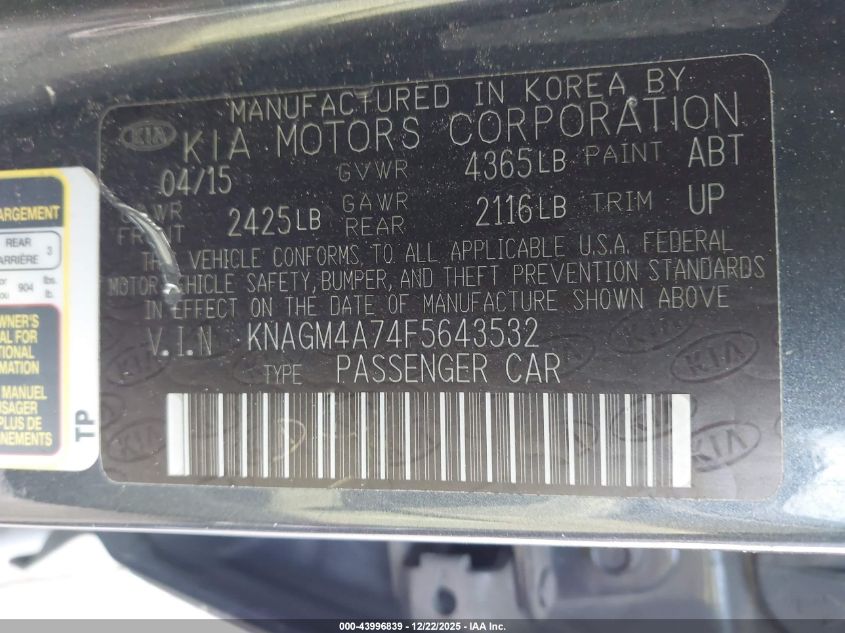 2015 Kia Optima Lx VIN: KNAGM4A74F5643532 Lot: 43996839