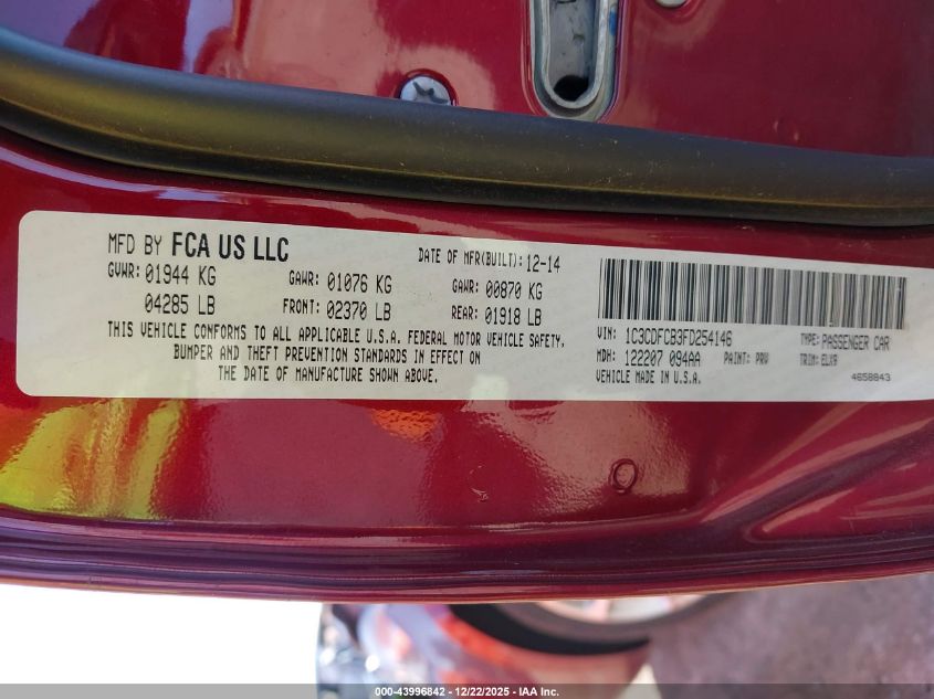 2015 Dodge Dart Limited VIN: 1C3CDFCB3FD254146 Lot: 43996842