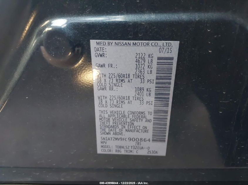 2015 Nissan Rogue Sl VIN: 5N1AT2MV9FC900864 Lot: 43996844