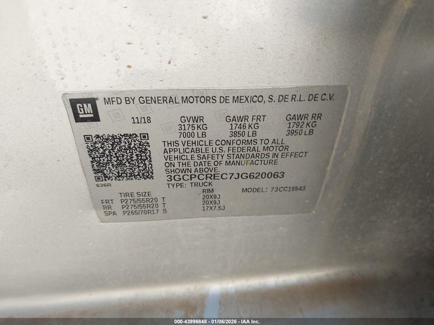 2018 Chevrolet Silverado 1500 1Lt VIN: 3GCPCREC7JG620063 Lot: 43996848
