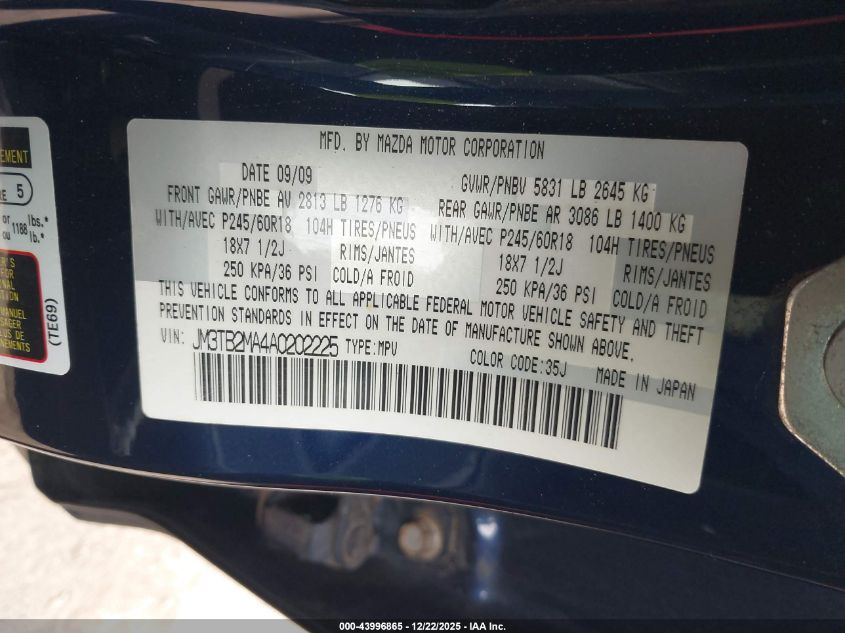 2010 Mazda Cx-9 Sport VIN: JM3TB2MA4A0202225 Lot: 43996865