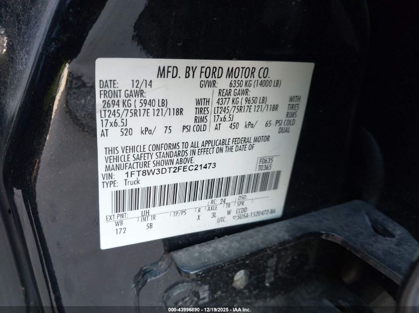 2015 Ford F-350 Lariat VIN: 1FT8W3DT2FEC21473 Lot: 43996890