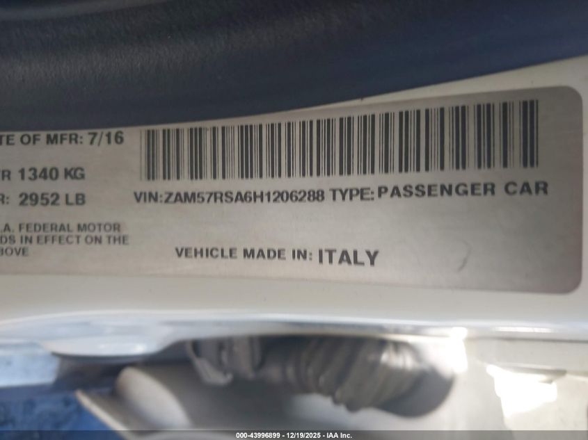 2017 Maserati Ghibli S VIN: ZAM57RSA6H1206288 Lot: 43996899