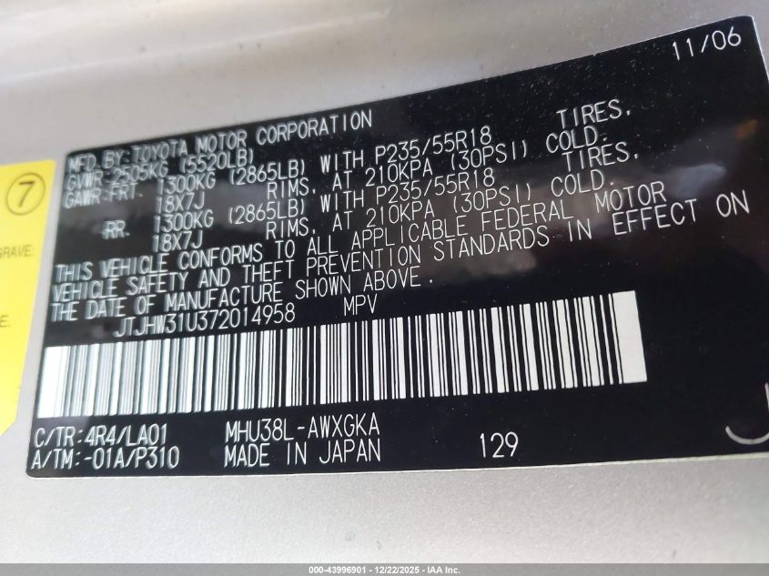 2007 Lexus Rx 400H VIN: JTJHW31U372014958 Lot: 43996901