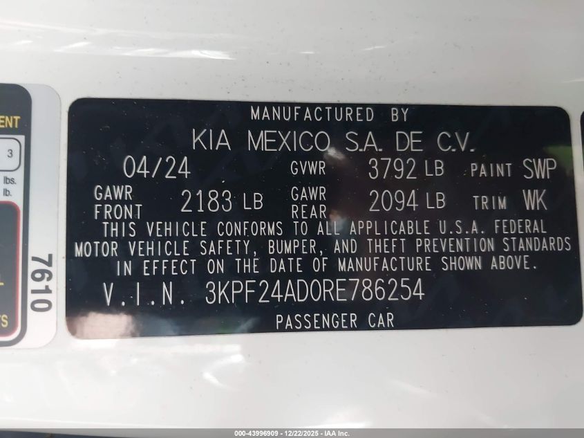 2024 Kia Forte Lxs VIN: 3KPF24AD0RE786254 Lot: 43996909