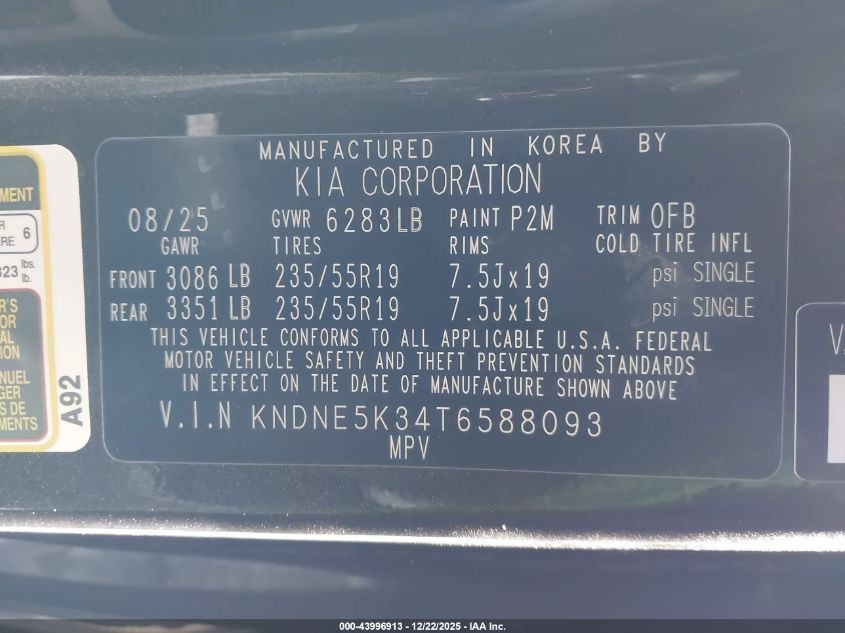 2026 Kia Carnival Mpv Sx Prestige VIN: KNDNE5K34T6588093 Lot: 43996913