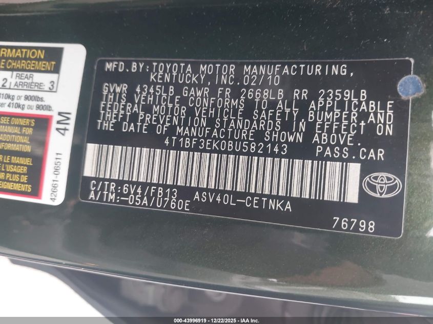 2011 Toyota Camry Le VIN: 4T1BF3EK0BU582143 Lot: 43996919