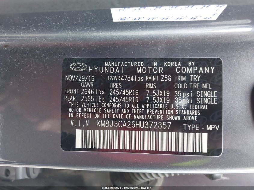 2017 Hyundai Tucson Limited VIN: KM8J3CA26HU372357 Lot: 43996921