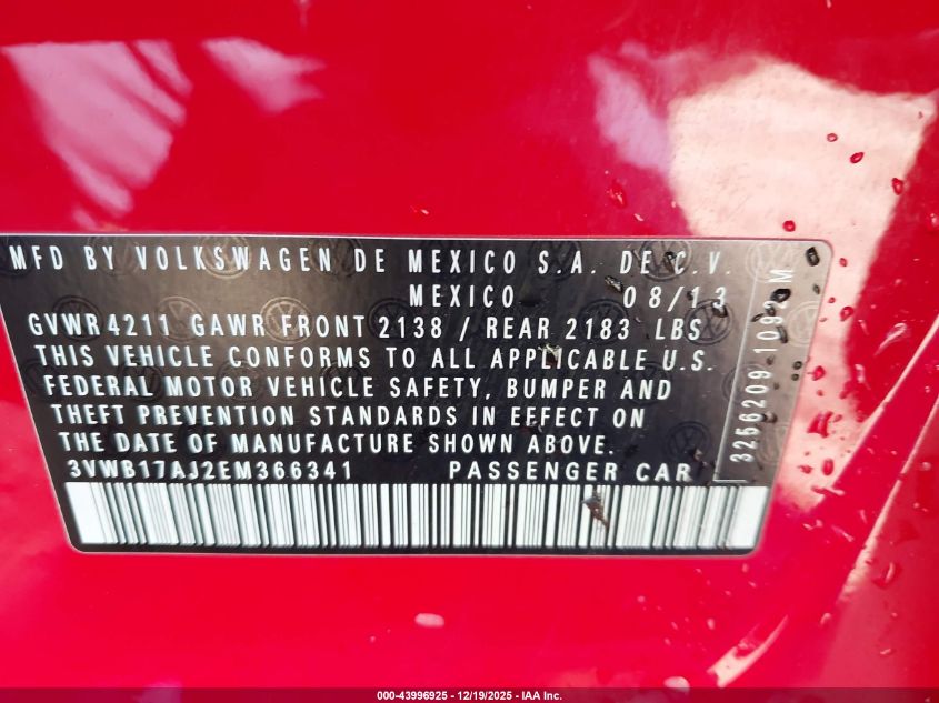 2014 Volkswagen Jetta 1.8T Se VIN: 3VWB17AJ2EM366341 Lot: 43996925