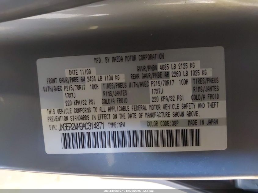 2010 Mazda Cx-7 I Sport VIN: JM3ER2WM9A0314871 Lot: 43996927