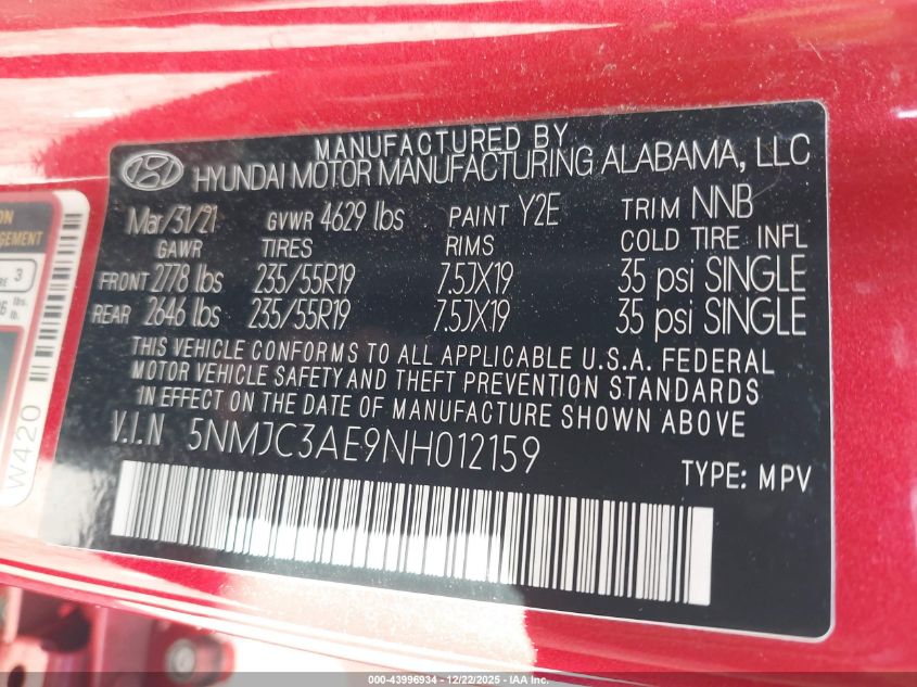 2022 Hyundai Tucson Sel VIN: 5NMJC3AE9NH012159 Lot: 43996934