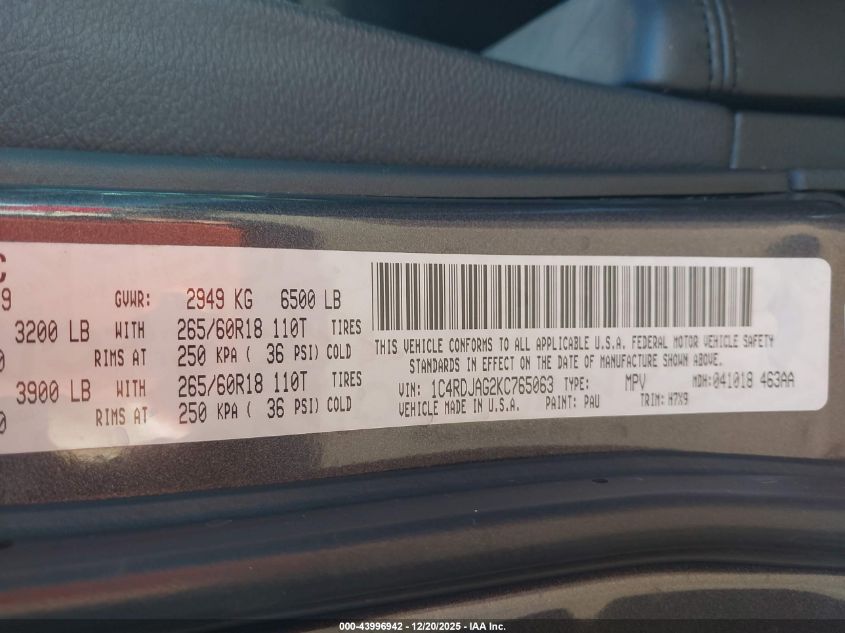 2019 Dodge Durango Sxt Awd VIN: 1C4RDJAG2KC765063 Lot: 43996942