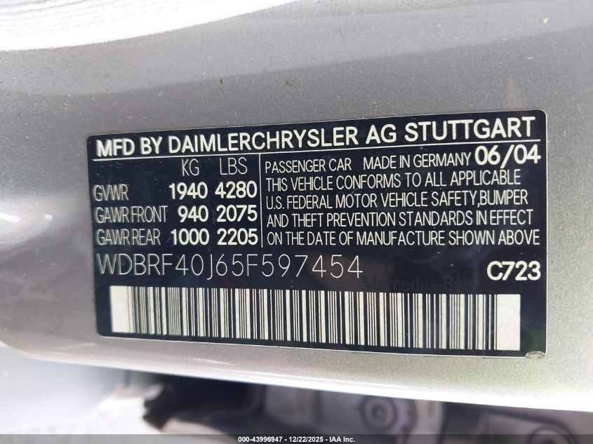 2005 Mercedes-Benz C 230 Kompressor Sport VIN: WDBRF40J65F597454 Lot: 43996947