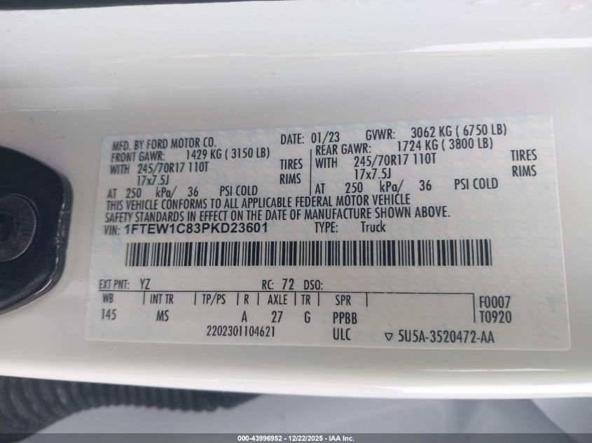 2023 Ford F-150 Xlt VIN: 1FTEW1C83PKD23601 Lot: 43996952