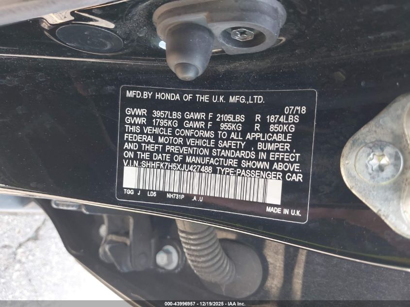 2018 Honda Civic Ex VIN: SHHFK7H5XJU427488 Lot: 43996957