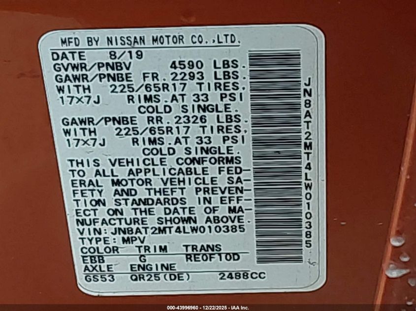 2020 Nissan Rogue Sv Fwd VIN: JN8AT2MT4LW010385 Lot: 43996960