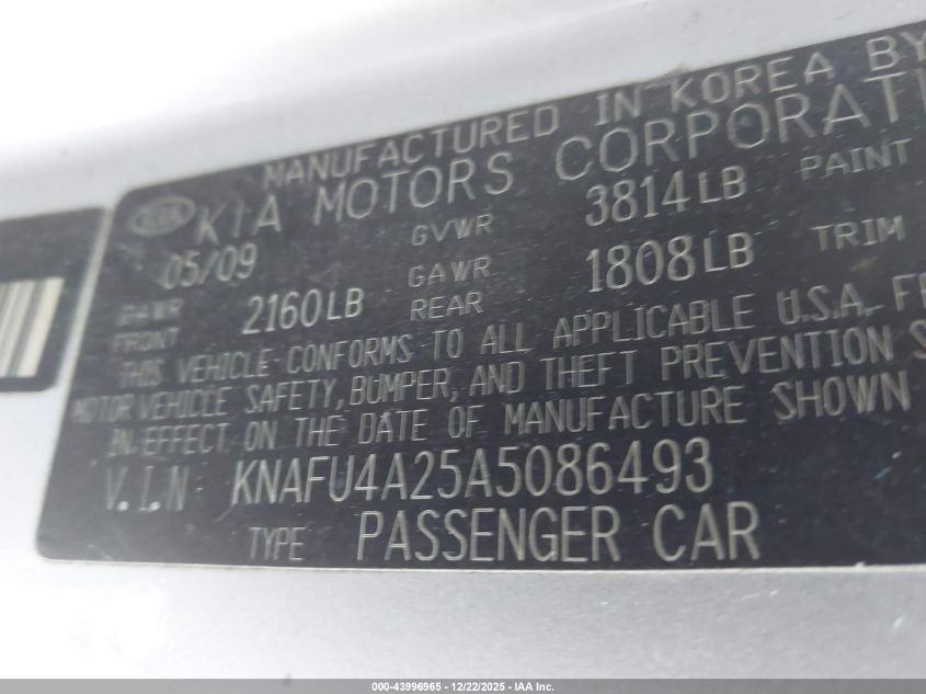 2010 Kia Forte Ex VIN: KNAFU4A25A5086493 Lot: 43996965