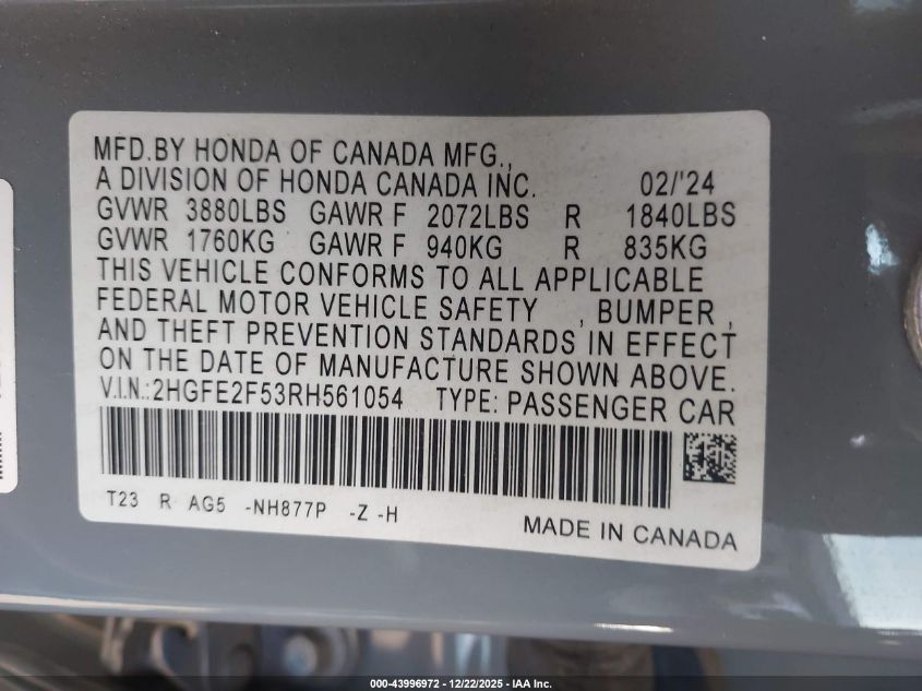 2024 Honda Civic Sport VIN: 2HGFE2F53RH561054 Lot: 43996972