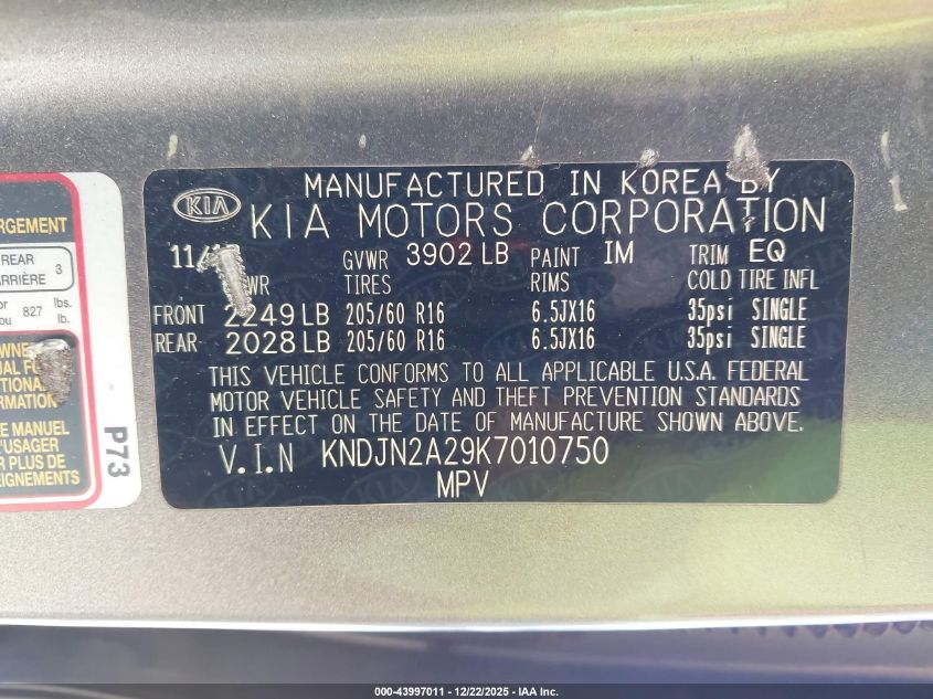 2019 Kia Soul VIN: KNDJN2A29K7010750 Lot: 43997011