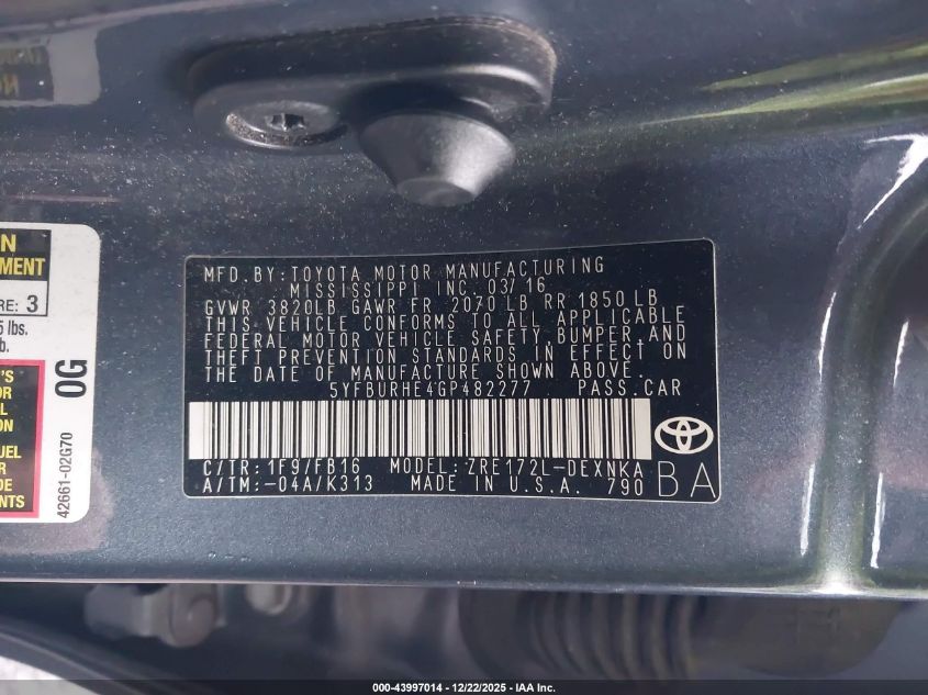 2016 Toyota Corolla Le VIN: 5YFBURHE4GP482277 Lot: 43997014