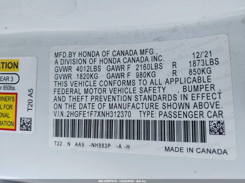 2022 Honda Civic Ex VIN: 2HGFE1F7XNH312370 Lot: 43997015