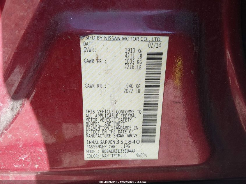 2014 Nissan Altima 2.5/2.5 S/2.5 Sl/2.5 Sv VIN: 1N4AL3AP9EN351840 Lot: 43997018