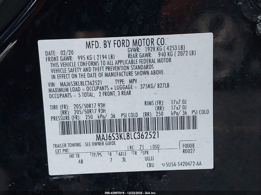 2020 Ford Ecosport Titanium VIN: MAJ6S3KL8LC362521 Lot: 43997019