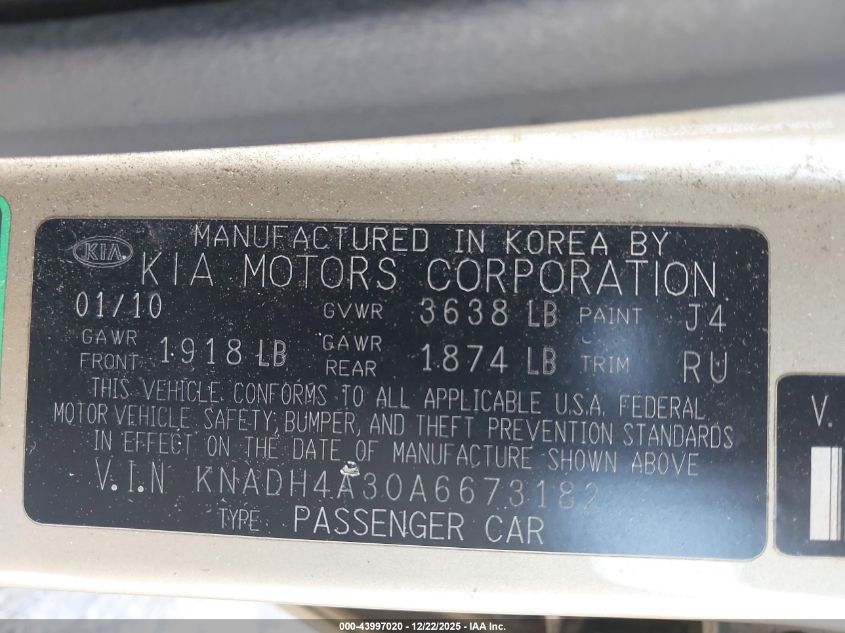 2010 Kia Rio Lx VIN: KNADH4A30A6673182 Lot: 43997020