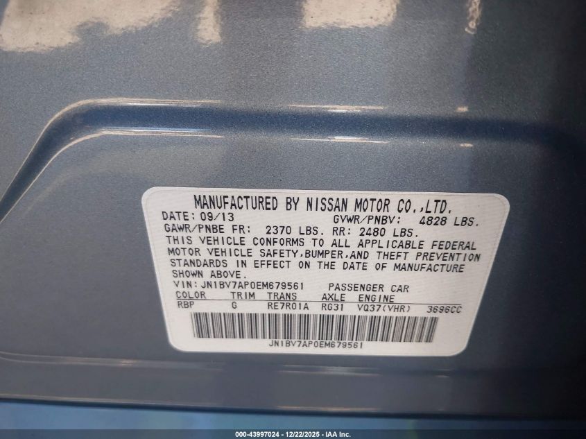 2014 Infiniti Q50 Premium/Sport VIN: JN1BV7AP0EM679561 Lot: 43997024