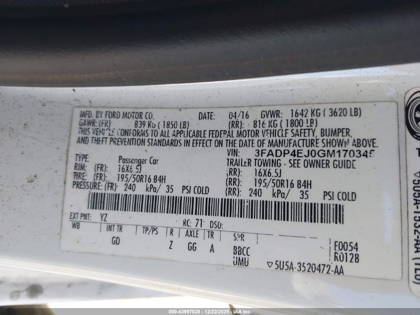 2016 Ford Fiesta Se VIN: 3FADP4EJ0GM170345 Lot: 43997028