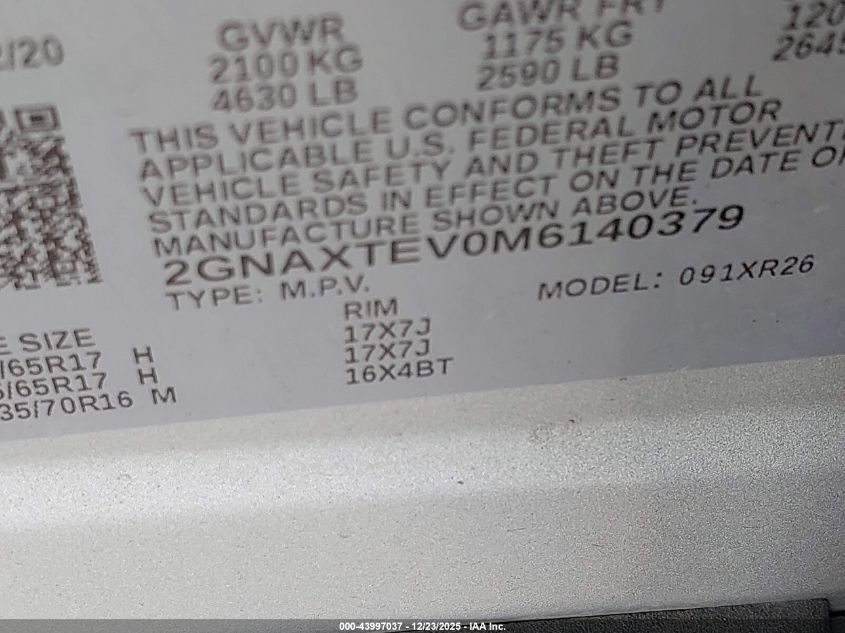 2021 Chevrolet Equinox Awd 2Fl VIN: 2GNAXTEV0M6140379 Lot: 43997037