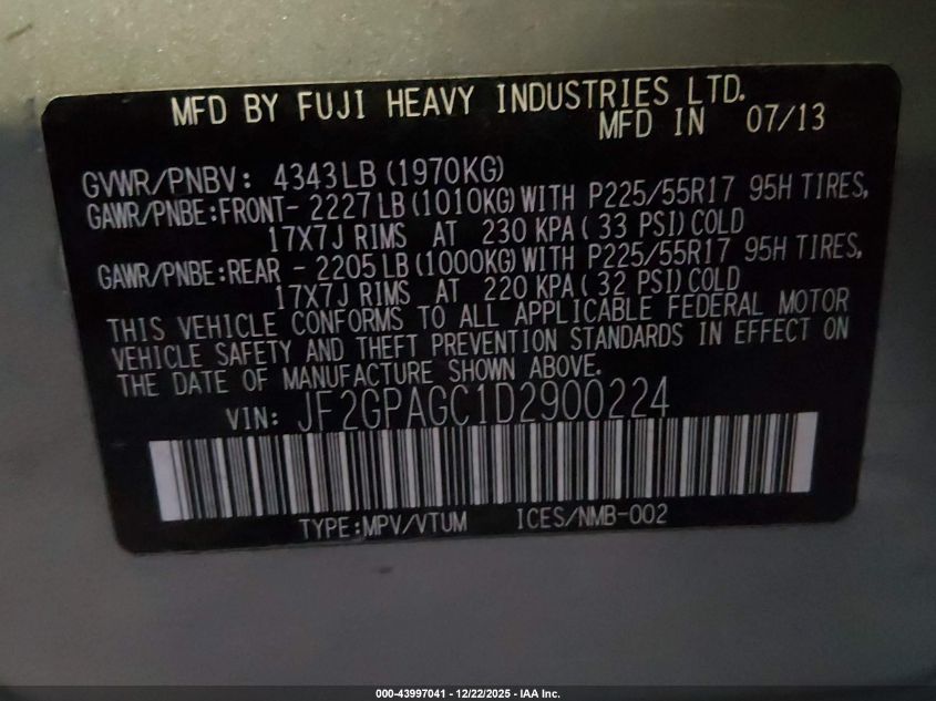 2013 Subaru Xv Crosstrek 2.0I Limited VIN: JF2GPAGC1D2900224 Lot: 43997041