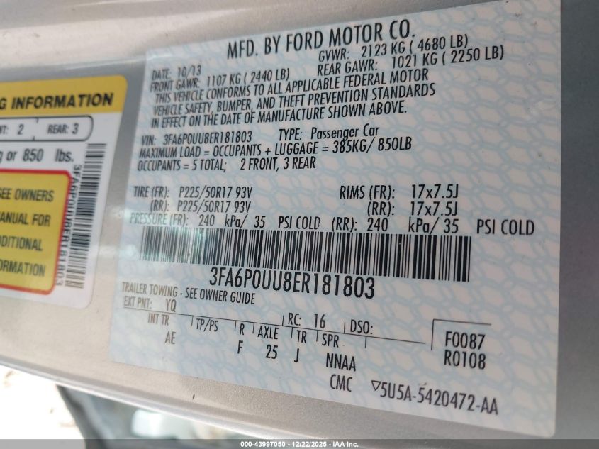 2014 Ford Fusion Hybrid S VIN: 3FA6P0UU8ER181803 Lot: 43997050