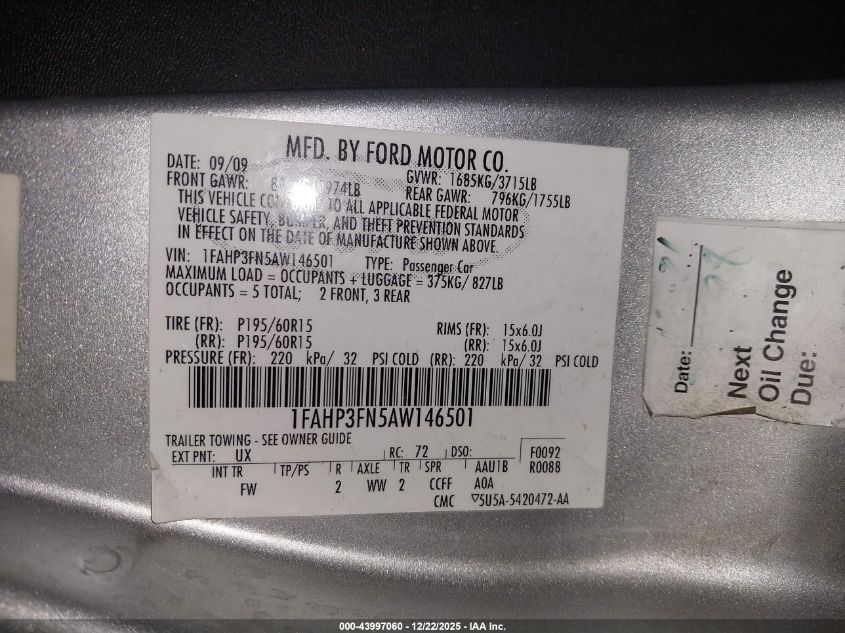 2010 Ford Focus Se VIN: 1FAHP3FN5AW146501 Lot: 43997060