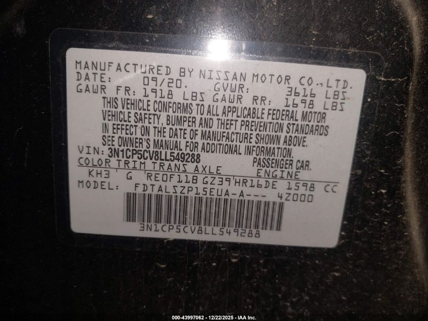 2020 Nissan Kicks Sv Xtronic Cvt VIN: 3N1CP5CV8LL549288 Lot: 43997062