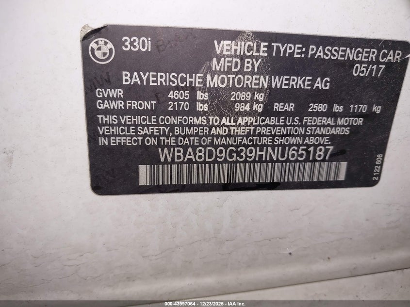 2017 BMW 330I xDrive VIN: WBA8D9G39HNU65187 Lot: 43997064