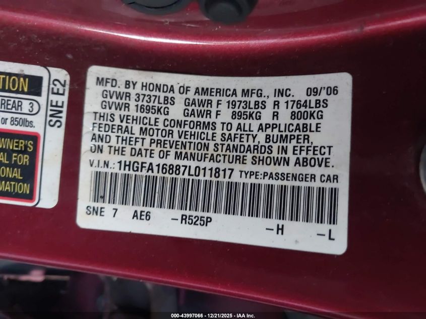 2007 Honda Civic Ex VIN: 1HGFA16887L011817 Lot: 43997066