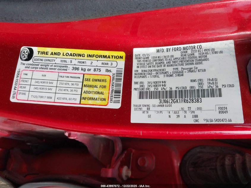 2015 Lincoln Mkz VIN: 3LN6L2GK1FR628383 Lot: 43997072