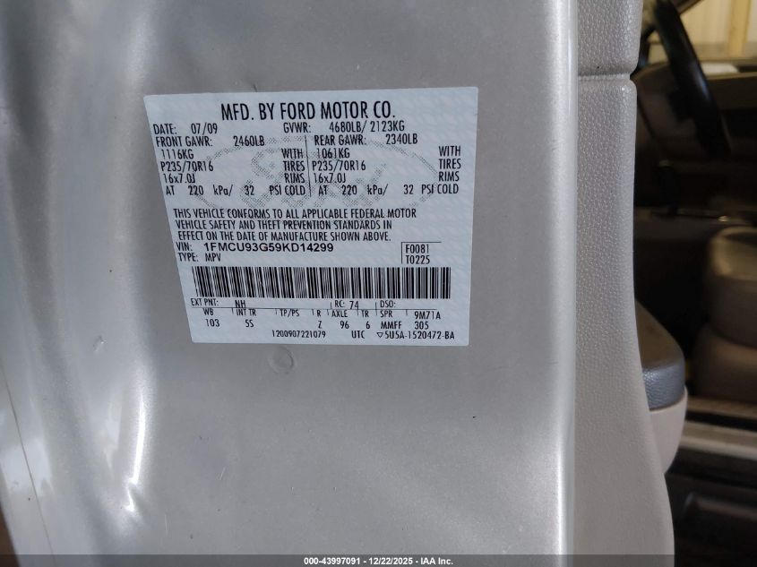 2009 Ford Escape Xlt VIN: 1FMCU93G59KD14299 Lot: 43997091