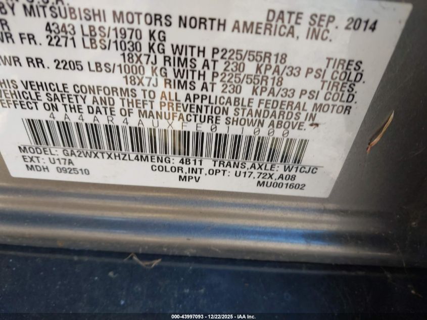 2015 Mitsubishi Outlander Sport Se VIN: 4A4AR4AUXFE011000 Lot: 43997093