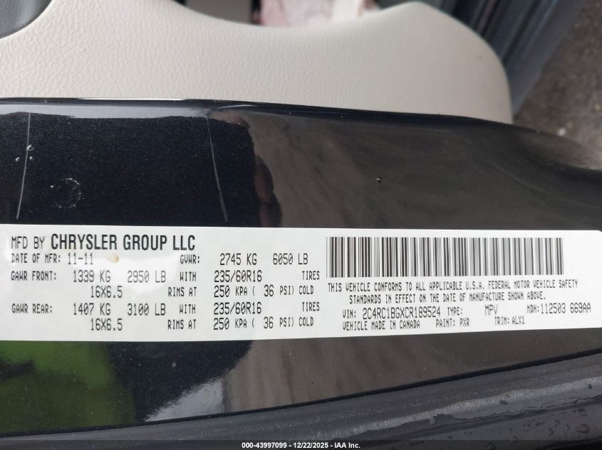 2012 Chrysler Town & Country Touring VIN: 2C4RC1BGXCR189524 Lot: 43997099