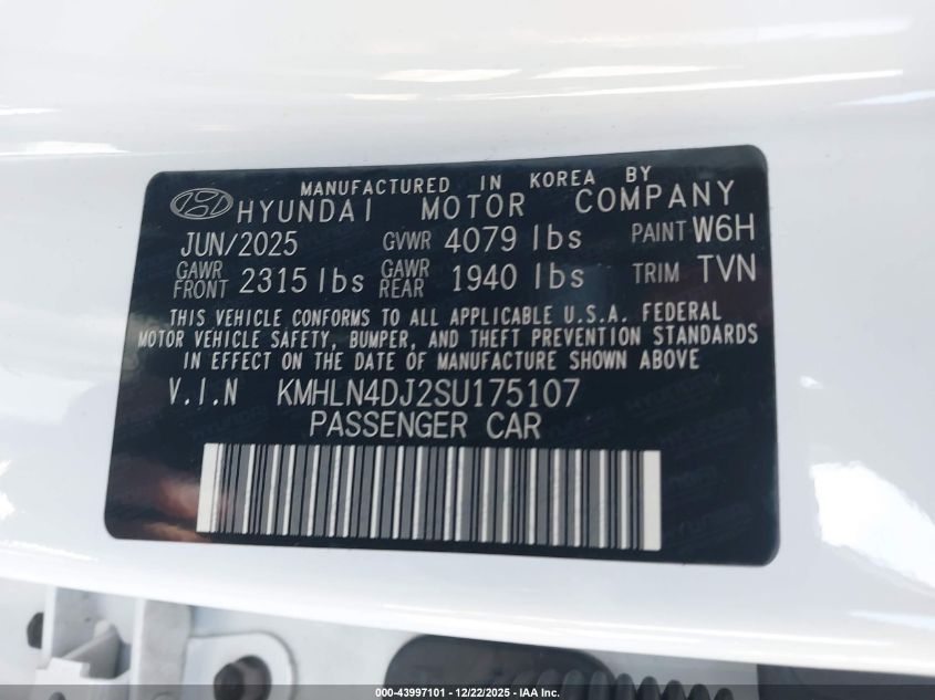 2025 Hyundai Elantra Hybrid Limited VIN: KMHLN4DJ2SU175107 Lot: 43997101