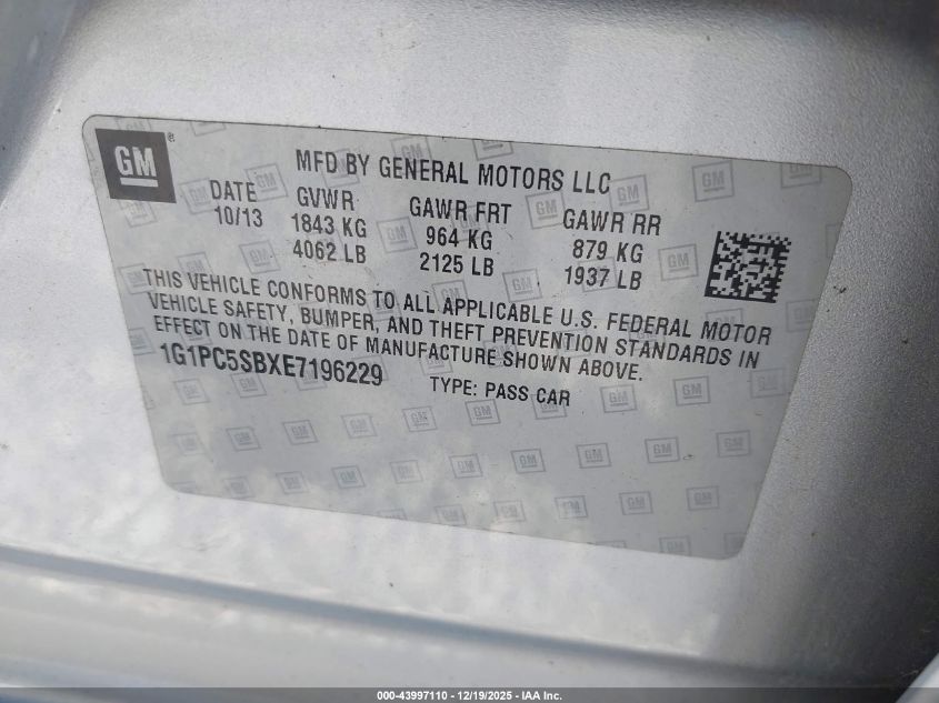 2014 Chevrolet Cruze 1Lt Auto VIN: 1G1PC5SBXE7196229 Lot: 43997110