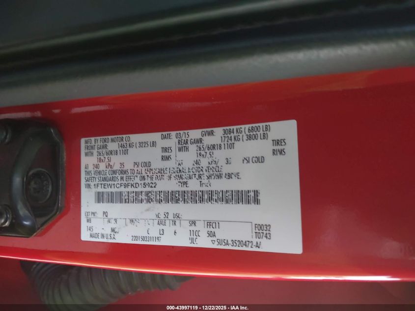 2015 Ford F-150 Xlt VIN: 1FTEW1CF9FKD15922 Lot: 43997119