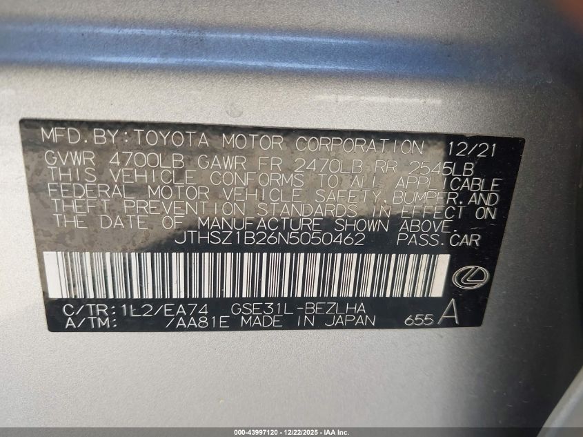 2022 Lexus Is 350 F Sport VIN: JTHSZ1B26N5050462 Lot: 43997120