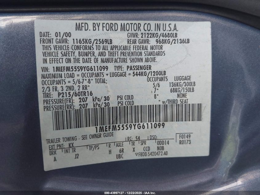 2000 Mercury Sable Ls Premium VIN: 1MEFM55S9YG611099 Lot: 43997127