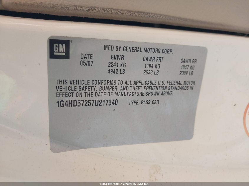 2007 Buick Lucerne Cxl VIN: 1G4HD57257U217540 Lot: 43997130